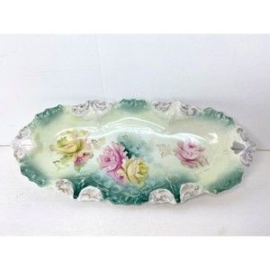 RS Prussia FLORAL 9.5”  Dish GREEN ACCENT, Vintage